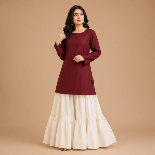 Maroon Charm Short Kurti with White Tiered Farshi Skirt