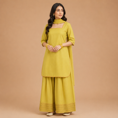 Mustard Bloom Cotton Kurta Set with Wide-Leg Trousers