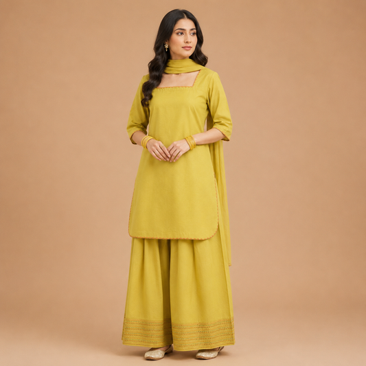 Mustard Bloom Cotton Kurta Set with Wide-Leg Trousers