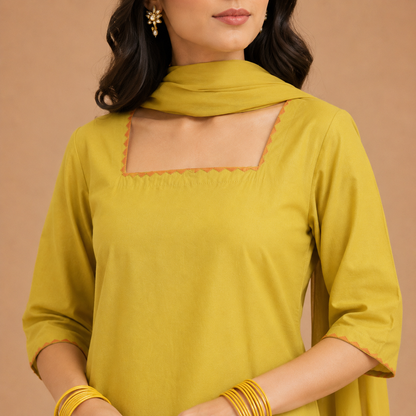 Mustard Bloom Cotton Kurta Set with Wide-Leg Trousers
