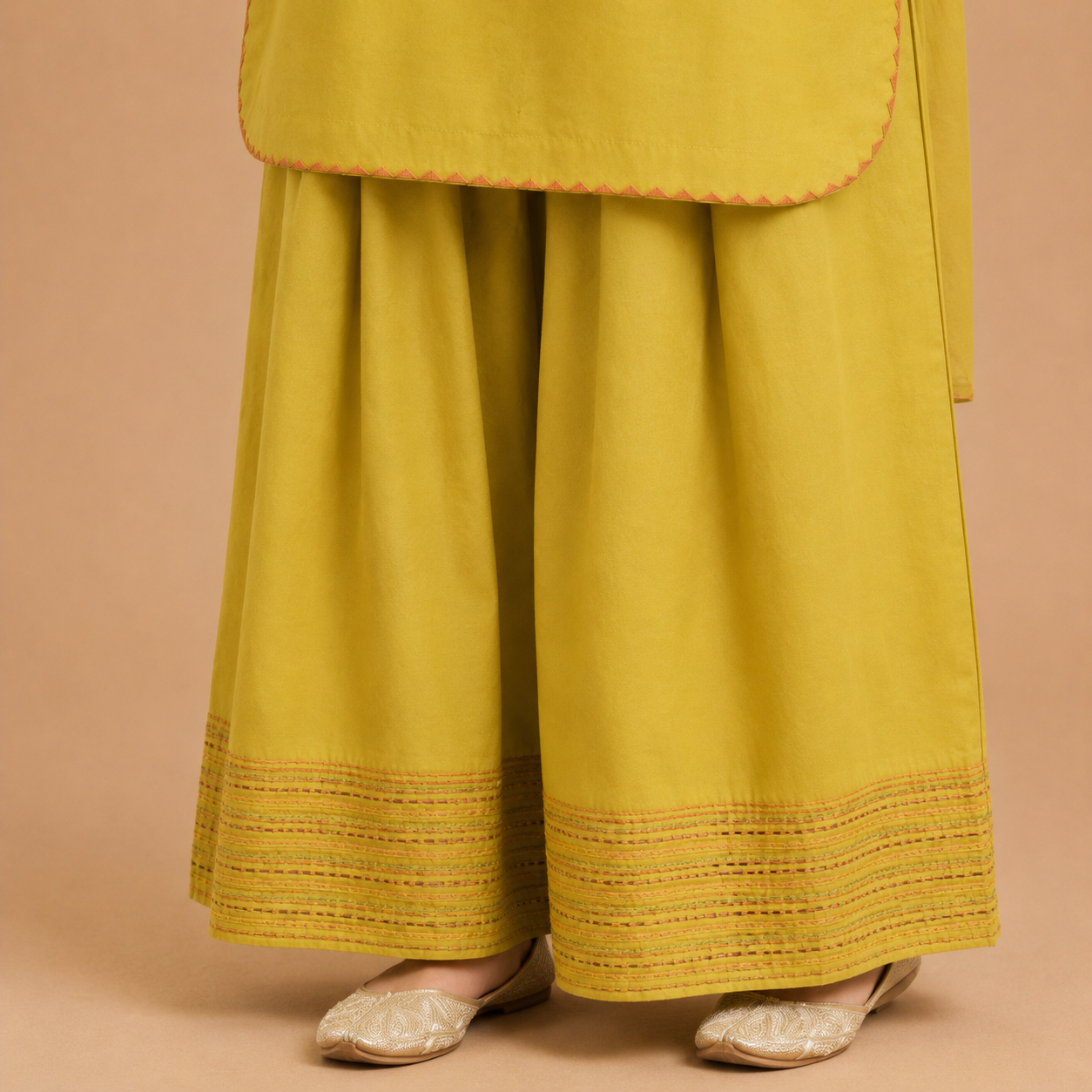 Mustard Bloom Cotton Kurta Set with Wide-Leg Trousers