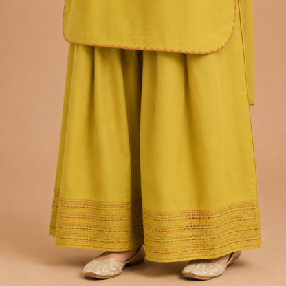 Mustard Bloom Cotton Kurta Set with Wide-Leg Trousers