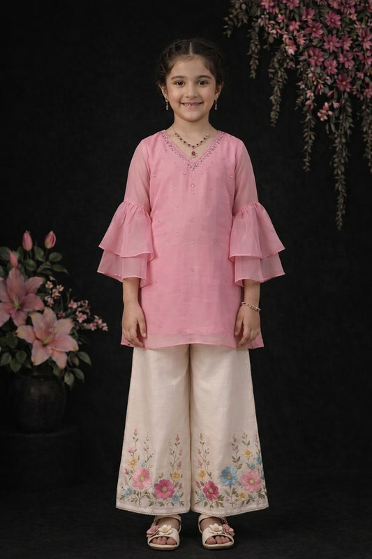 Tulip Pink Chiffon Kurti with Floral Palazzo