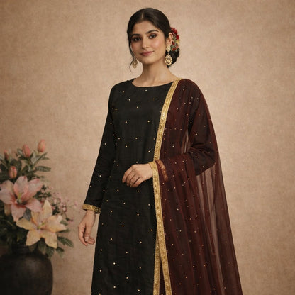 Midnight Noir Raw Silk Kurta Palazzo Set with Wine Net Dupatta
