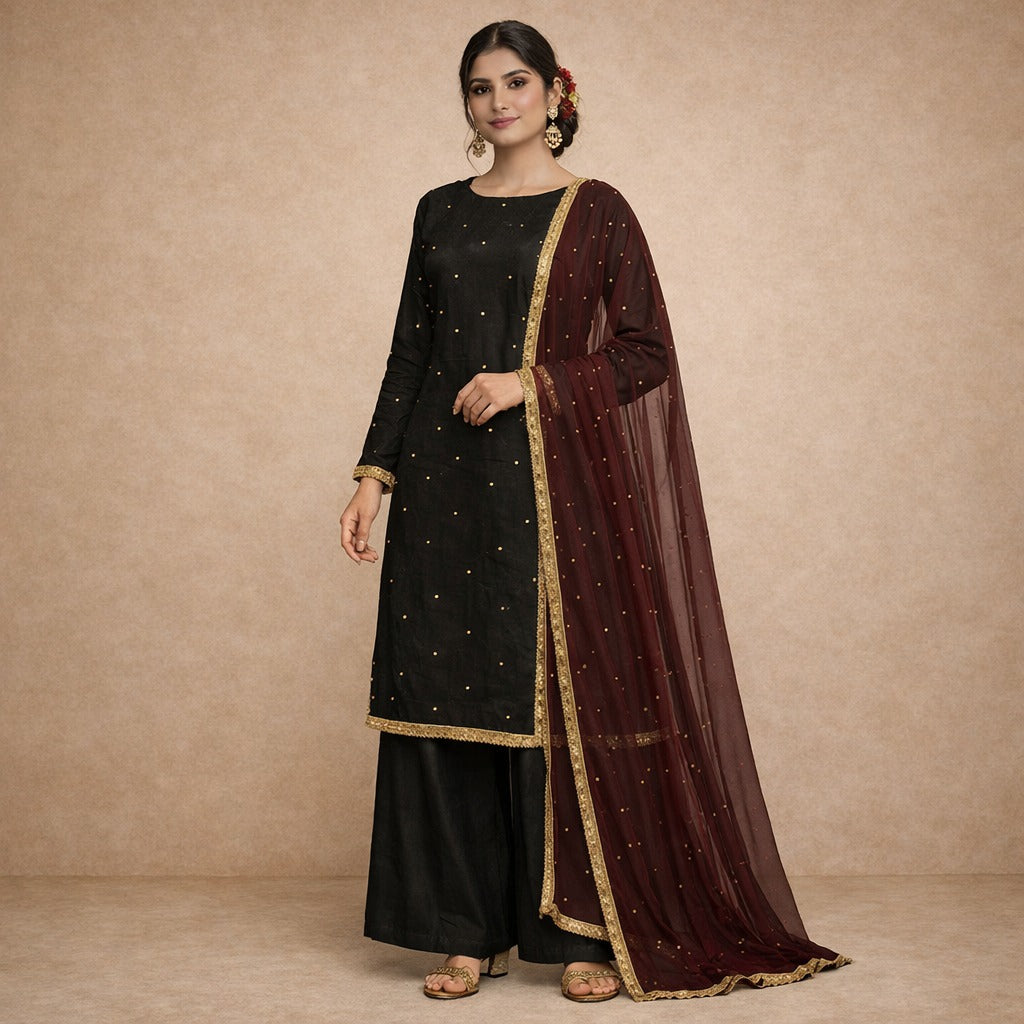 Midnight Noir Raw Silk Kurta Palazzo Set with Wine Net Dupatta