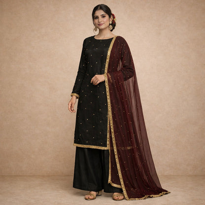 Midnight Noir Raw Silk Kurta Palazzo Set with Wine Net Dupatta