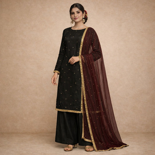 Midnight Noir Raw Silk Kurta Palazzo Set with Wine Net Dupatta