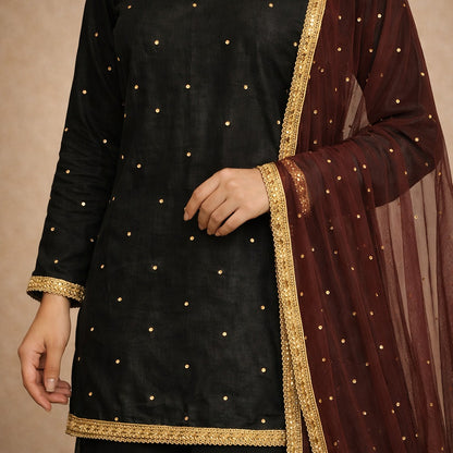 Midnight Noir Raw Silk Kurta Palazzo Set with Wine Net Dupatta
