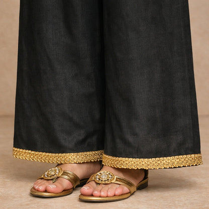 Midnight Noir Raw Silk Kurta Palazzo Set with Wine Net Dupatta
