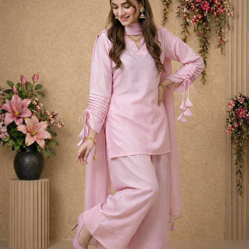 Blush Pink Cotton Palazzo Set with Crinkle Dupatta