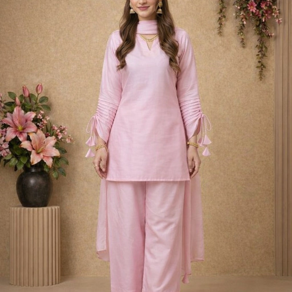 Blush Pink Cotton Palazzo Set with Crinkle Dupatta