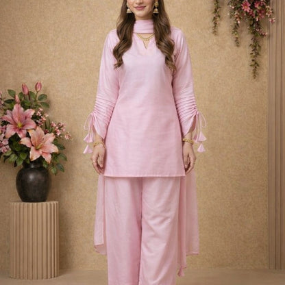 Blush Pink Cotton Palazzo Set with Crinkle Dupatta