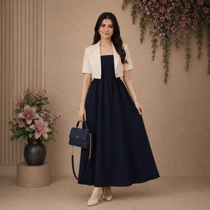 Navy Blue Cotton Maxi Dress with Beige Cotton Cropped Jacket Set