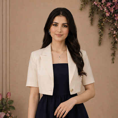 Navy Blue Cotton Maxi Dress with Beige Cotton Cropped Jacket Set