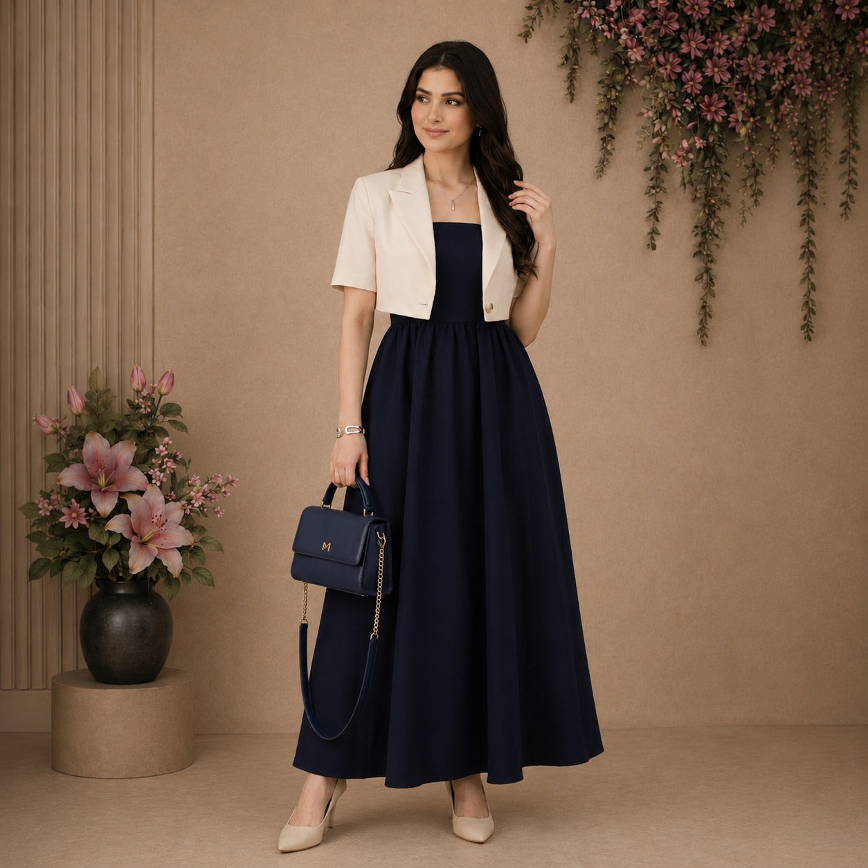 Navy Blue Cotton Maxi Dress with Beige Cotton Cropped Jacket Set