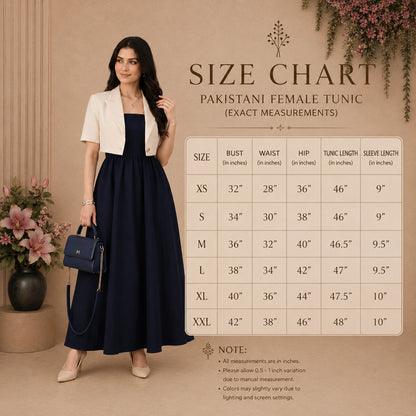 Navy Blue Cotton Maxi Dress with Beige Cotton Cropped Jacket Set