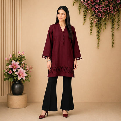 Elegant Maroon Cotton Kurti with Tassel Sleeves