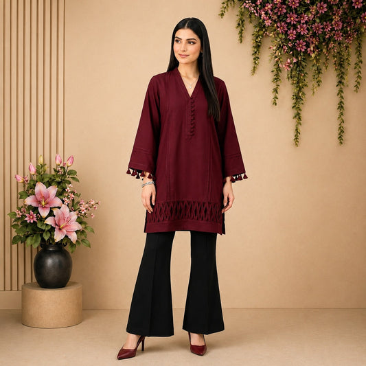 Elegant Maroon Cotton Kurti with Tassel Sleeves