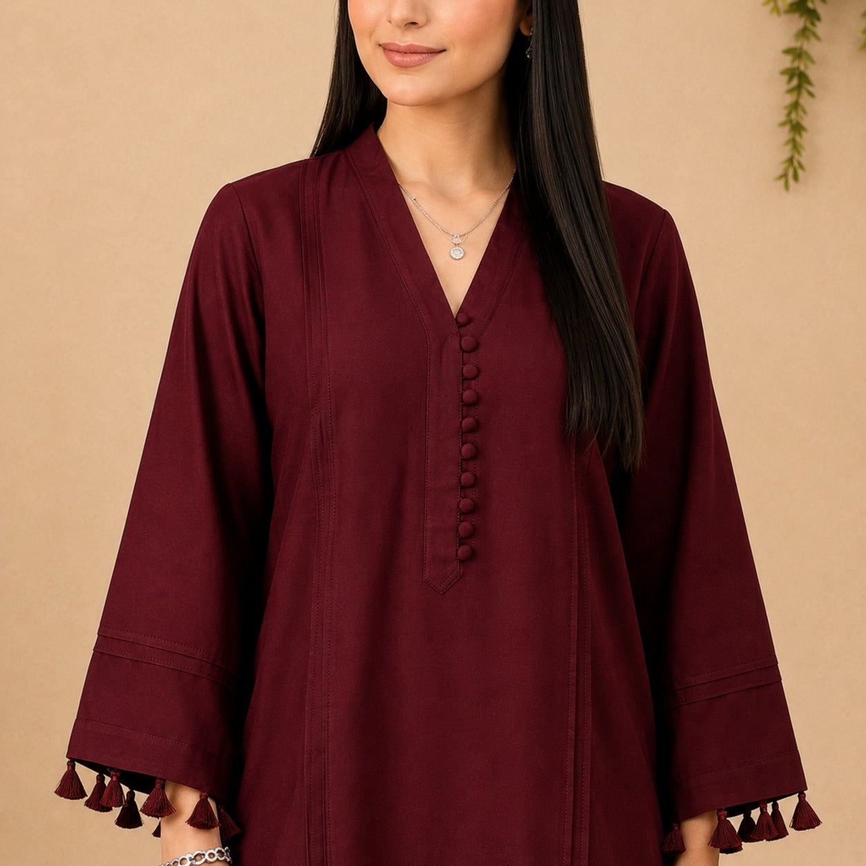 Elegant Maroon Cotton Kurti with Tassel Sleeves