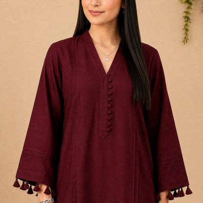 Elegant Maroon Cotton Kurti with Tassel Sleeves