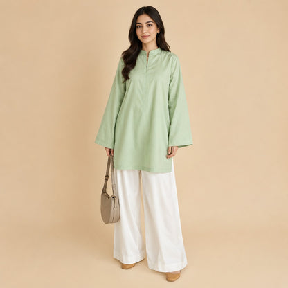 Mint Green Cotton Tunic with White Wide-Leg Trouser Set