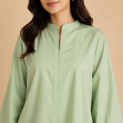 Mint Green Cotton Tunic with White Wide-Leg Trouser Set