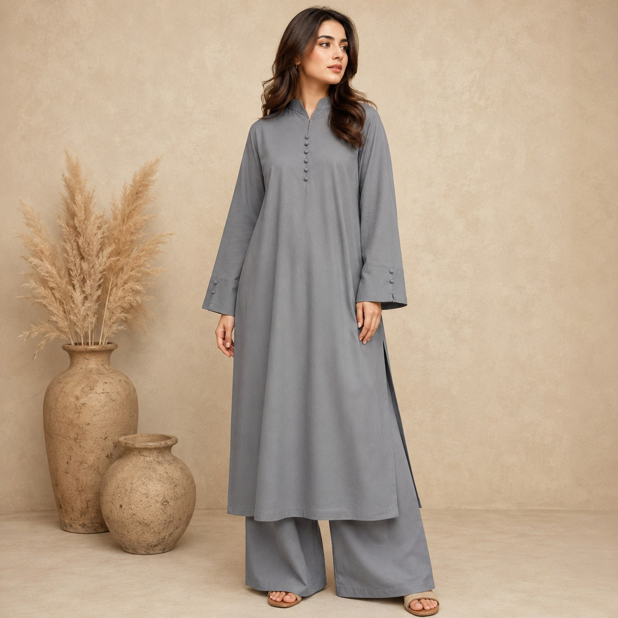 Grey Cotton Kurta Set for Women
