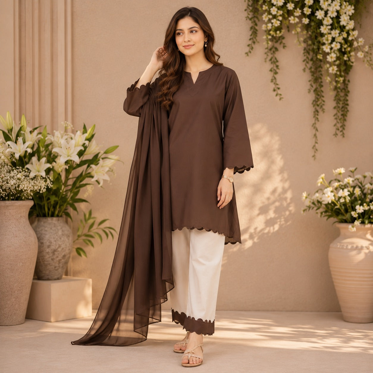 Cocoa Elegance 3-Piece Cotton Suit