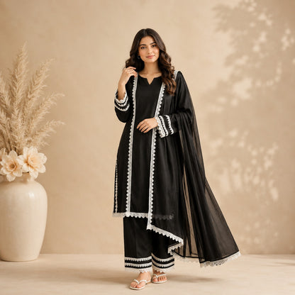 Midnight Lace Elegance – 3 Piece Cotton Suit