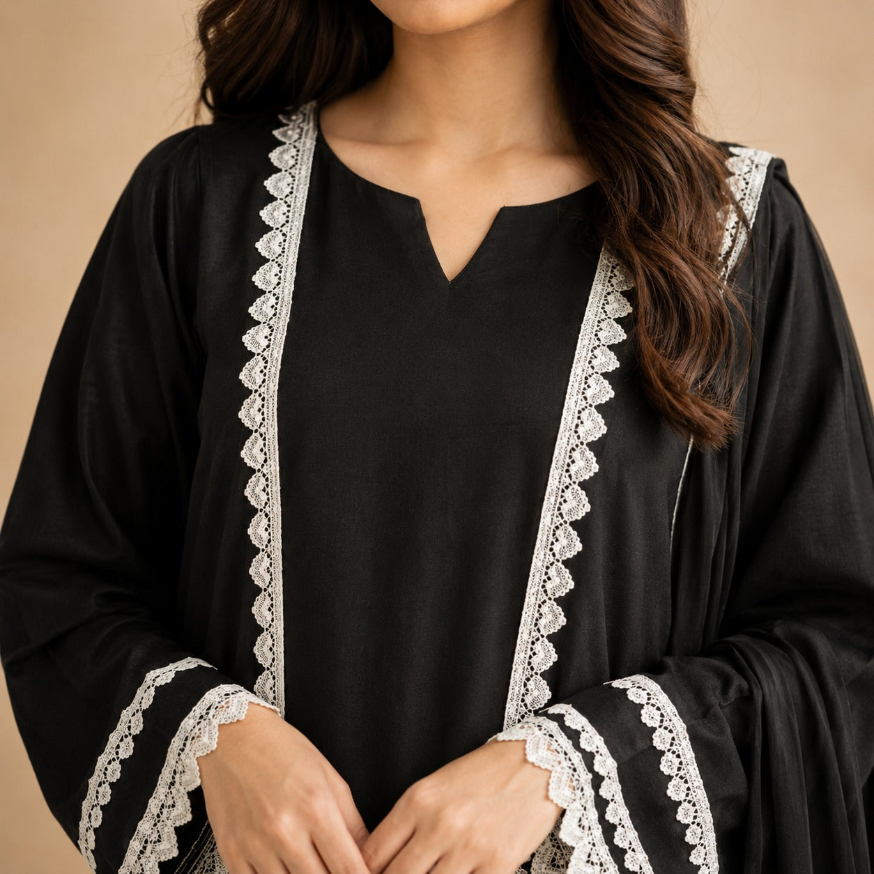 Midnight Lace Elegance – 3 Piece Cotton Suit