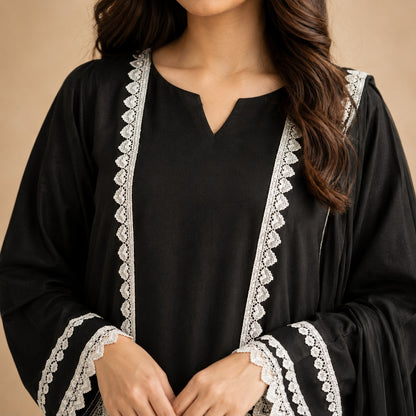 Midnight Lace Elegance – 3 Piece Cotton Suit