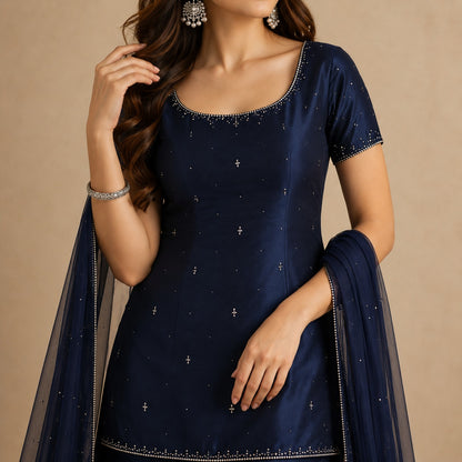 Midnight Sapphire Raw Silk Sharara Set