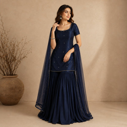 Midnight Sapphire Raw Silk Sharara Set