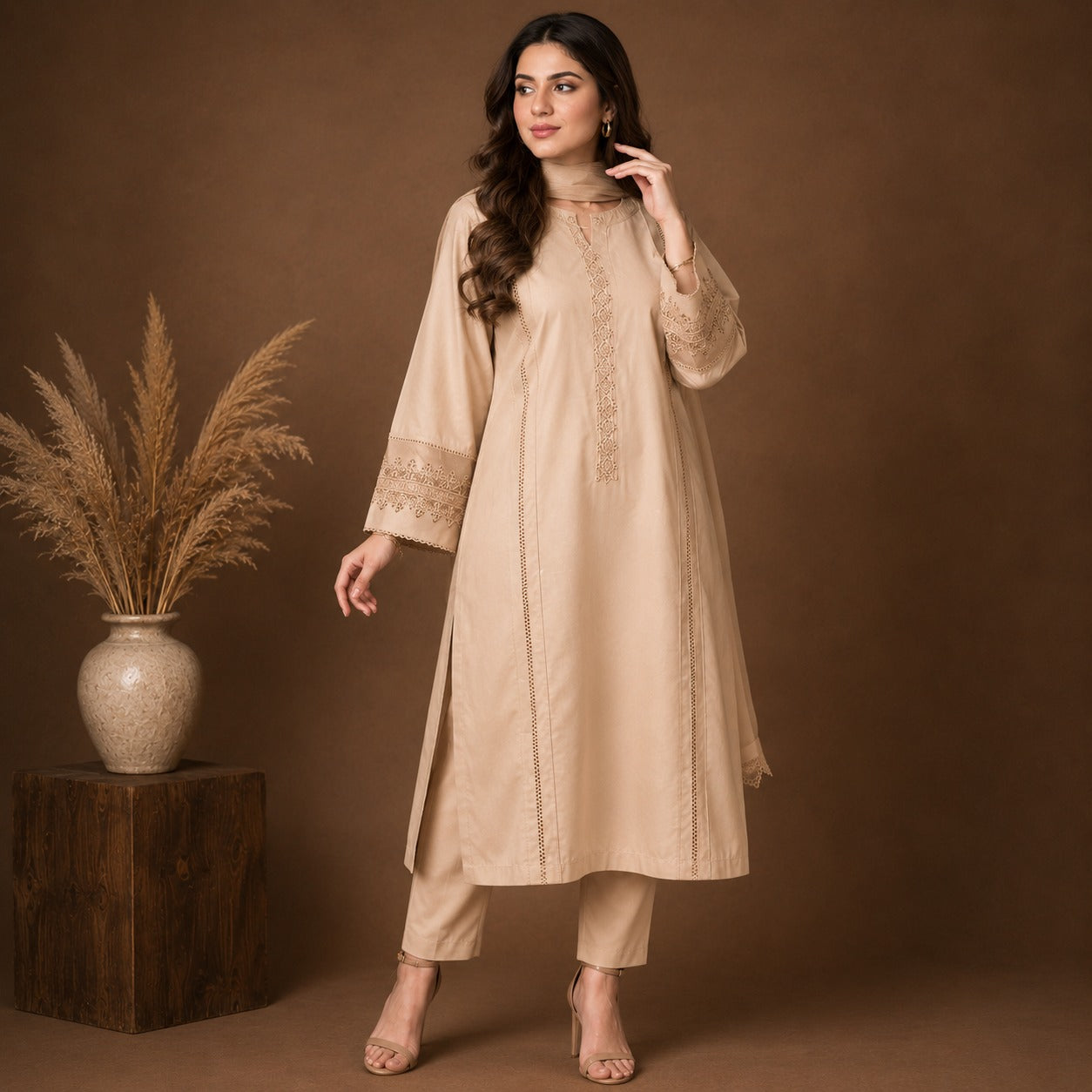 Desert Pearl Embroidered Cotton Suit