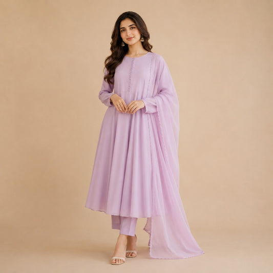 Lavender Breeze Cotton Frock Set with Chiffon Dupatta