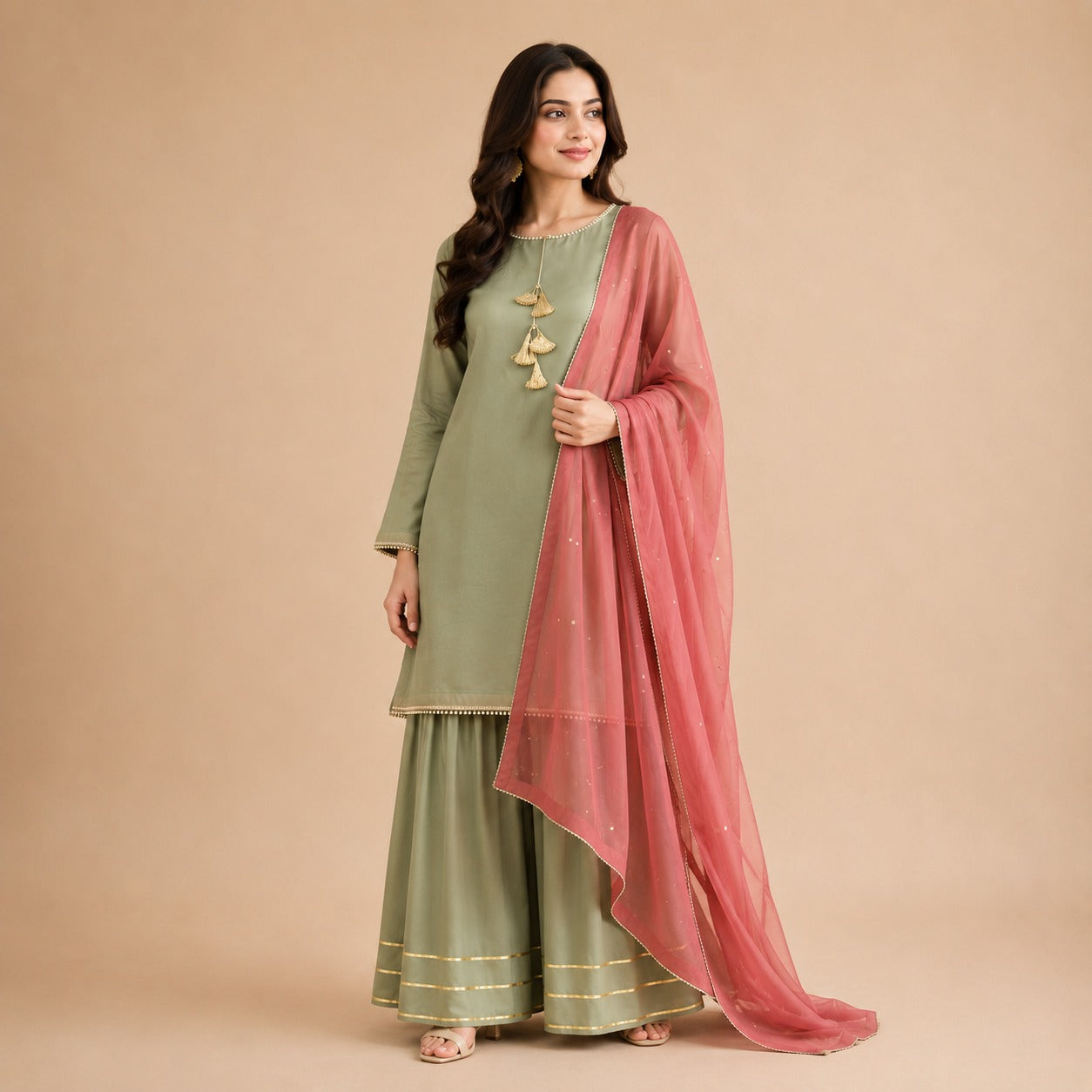 Sage Grace Short Kurti Set with Chiffon Dupatta