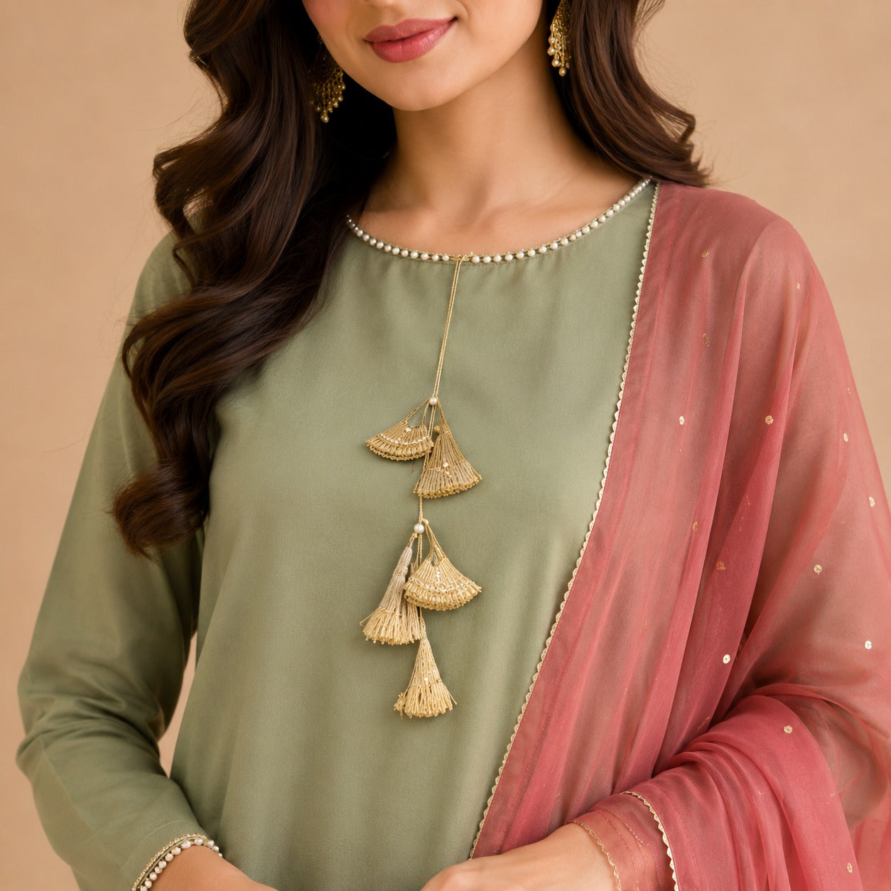 Sage Grace Short Kurti Set with Chiffon Dupatta