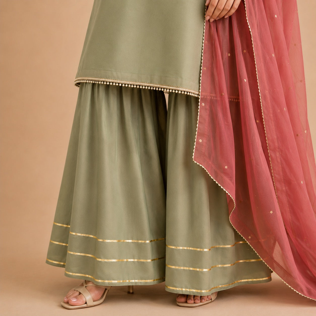 Sage Grace Short Kurti Set with Chiffon Dupatta