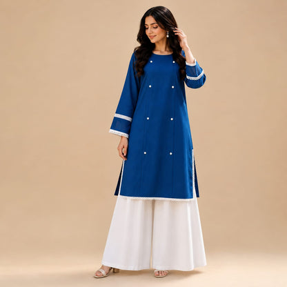 Royal Blue Cotton Kurta with White Wide Leg Trousers