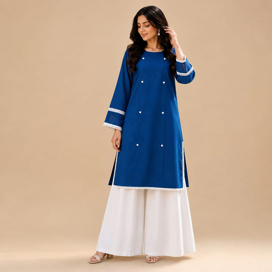 Royal Blue Cotton Kurta with White Wide Leg Trousers