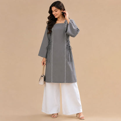 Slate Grey Cotton Kurta with White Wide Leg Trousers