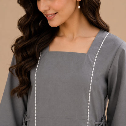 Slate Grey Cotton Kurta with White Wide Leg Trousers