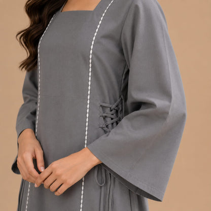 Slate Grey Cotton Kurta with White Wide Leg Trousers