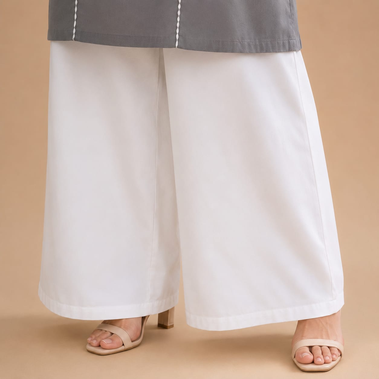Slate Grey Cotton Kurta with White Wide Leg Trousers
