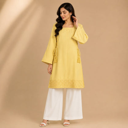 Butter Yellow Cotton Kurta with White Wide Leg Trousers