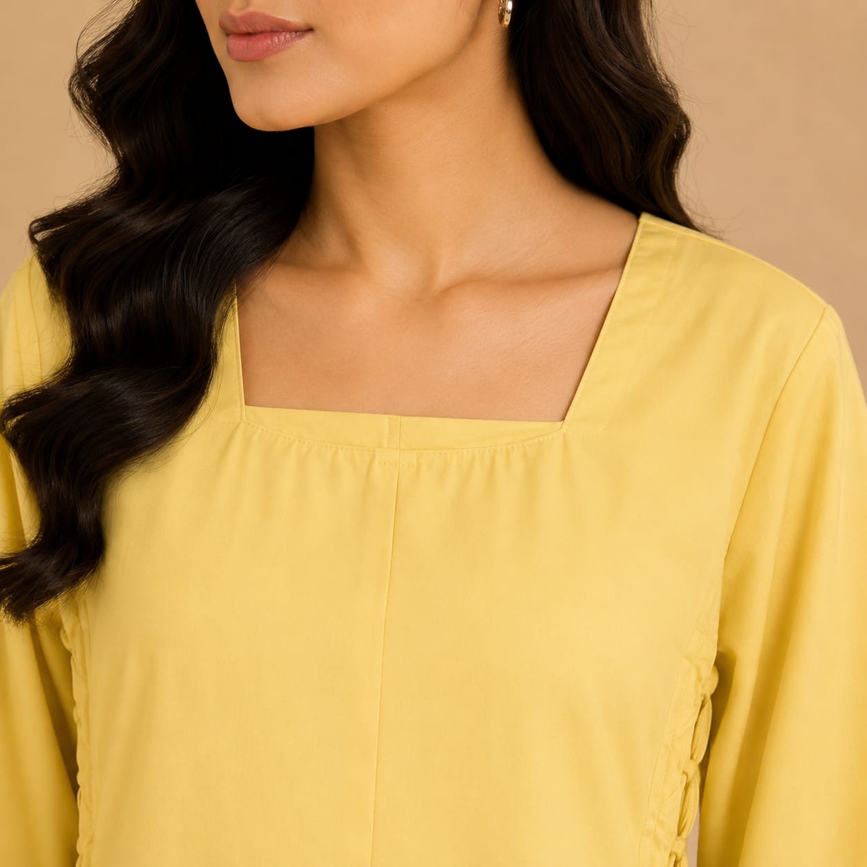 Butter Yellow Cotton Kurta with White Wide Leg Trousers