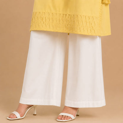 Butter Yellow Cotton Kurta with White Wide Leg Trousers
