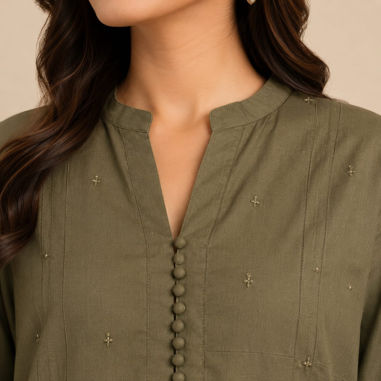 Olive Green Cotton Kurta with White Wide Leg Trousers