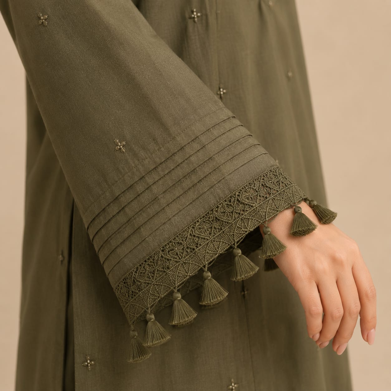 Olive Green Cotton Kurta with White Wide Leg Trousers