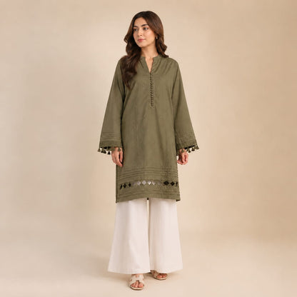 Olive Green Cotton Kurta with White Wide Leg Trousers
